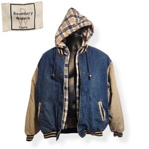 Vintage 90s Boundary Waters Coats Mens Large Denim Varsity Jacket Hooded Flannel